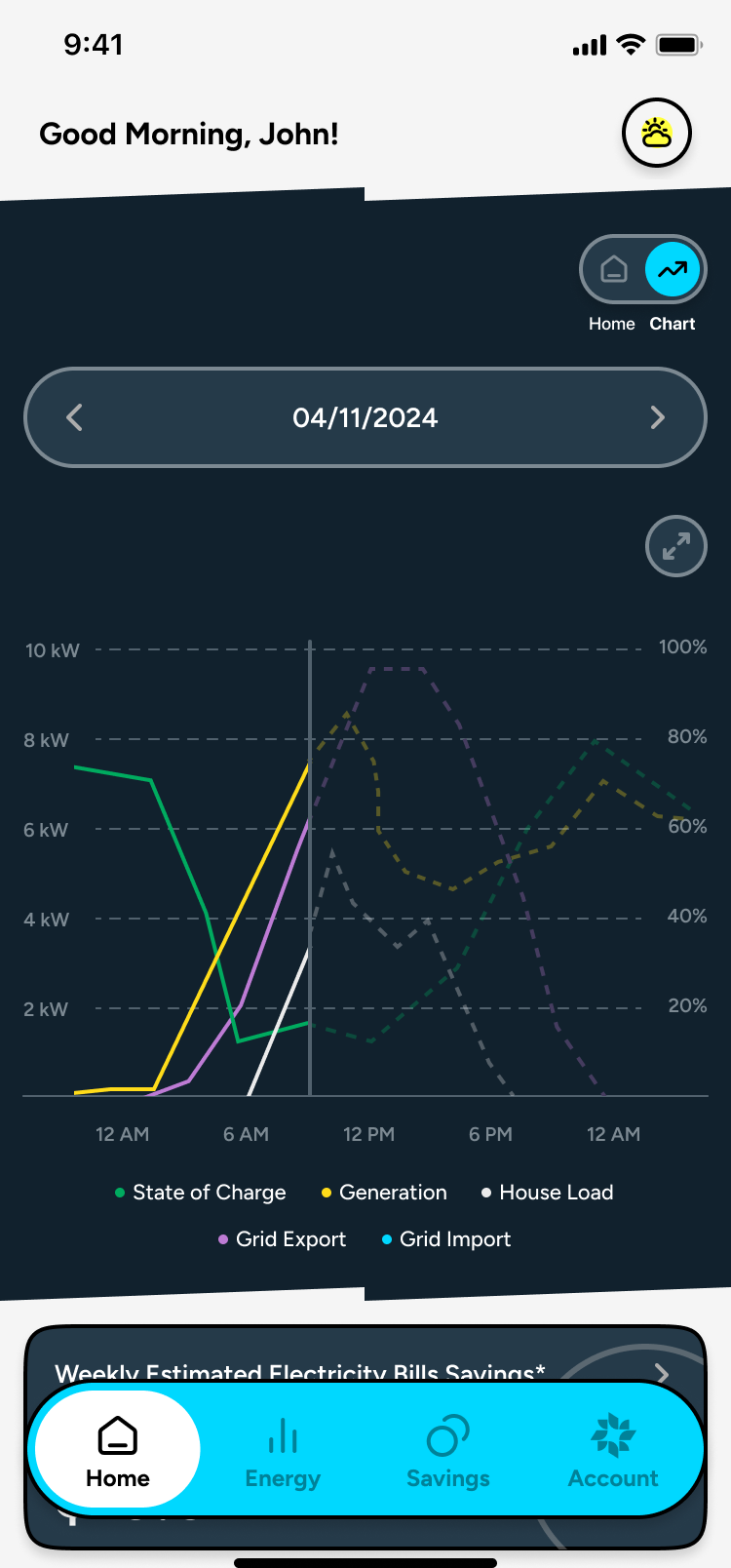 Complex mode showing detailed energy flow chart with live data