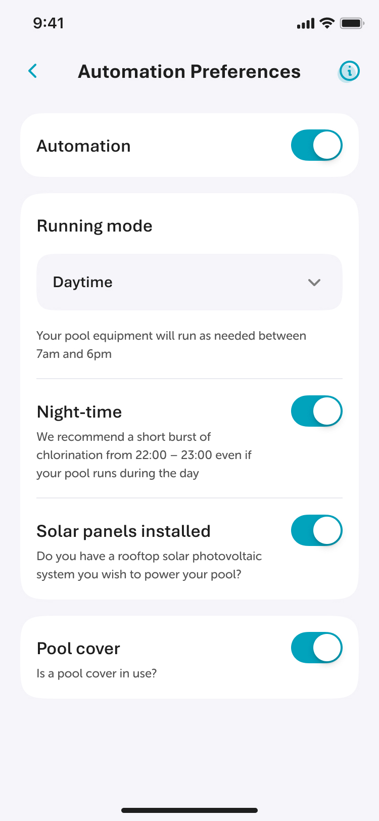 Automation Preferences screen with running mode, night-time chlorination, solar and pool cover toggles