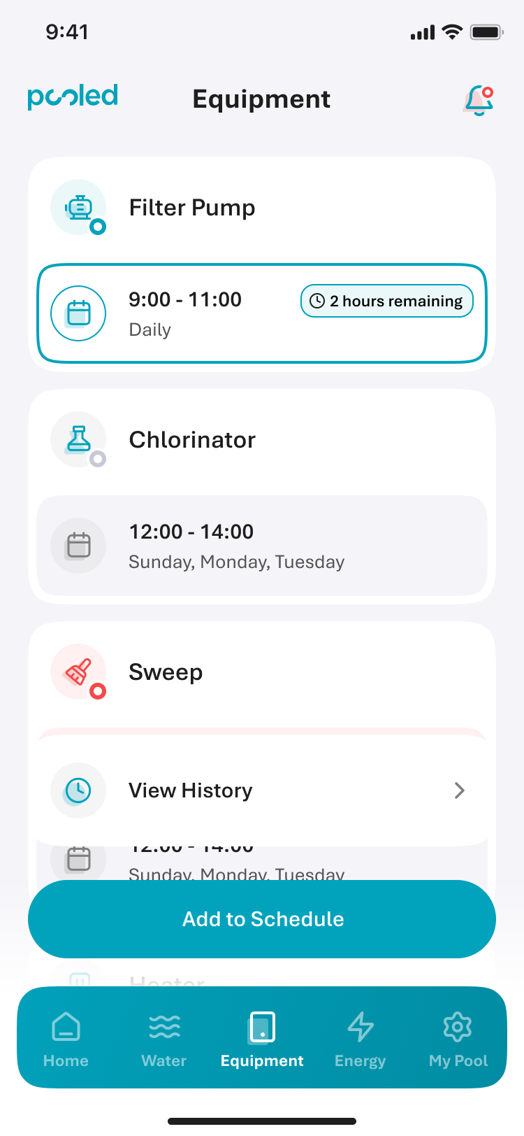 Equipment tab showing Filter Pump, Chlorinator and Sweep with schedules and status
