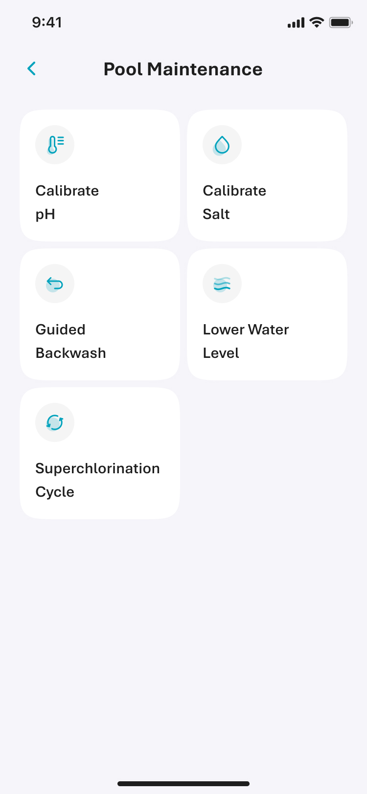 Maintenance screen with 2x2 grid of tasks including Calibrate pH, Guided Backwash and Superchlorination