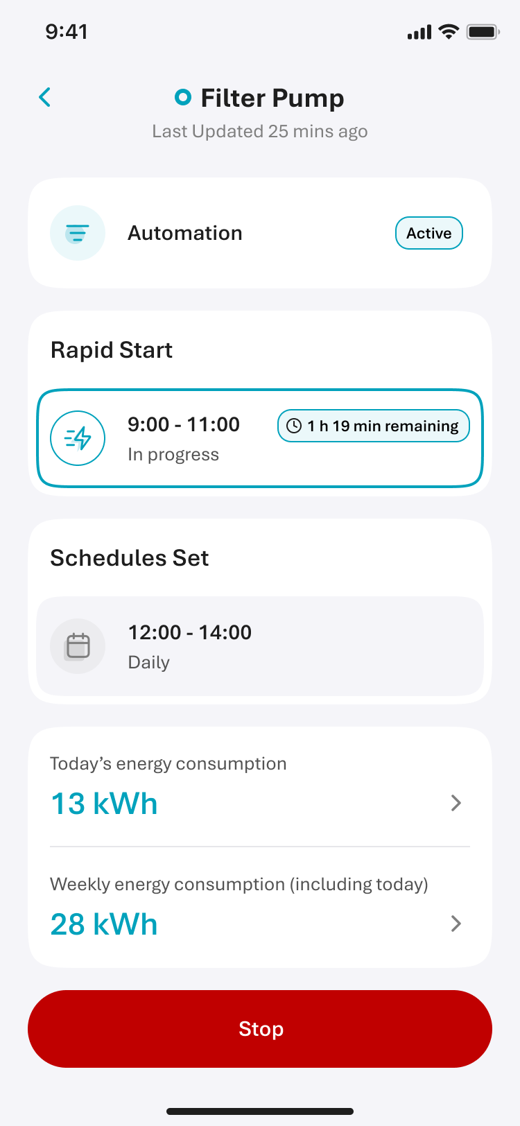 Filter Pump Rapid Start screen showing in-progress state, time remaining, and Last Updated timestamp